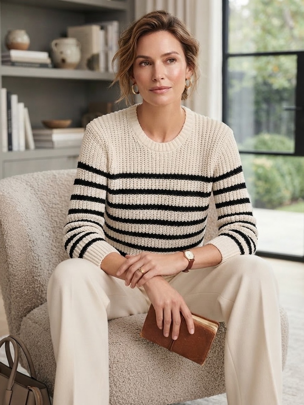 Ann Taylor Factory Cream and Black Striped Crewneck Sweater